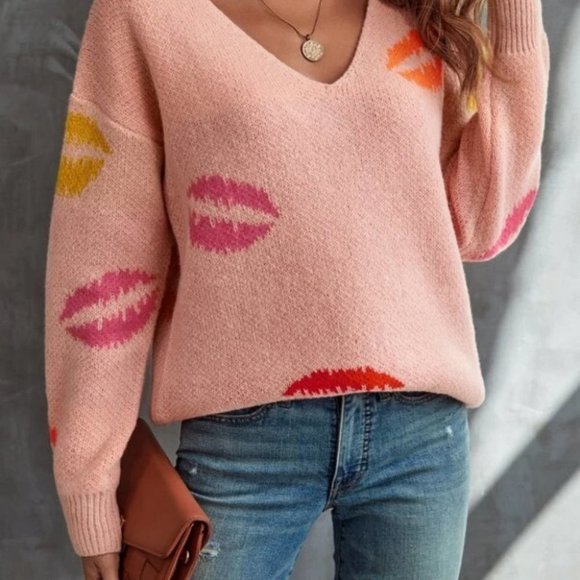 Lip Print v-neck lip Sweater top preppy contemporary Casual - Picture 4 of 7